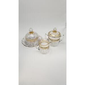Vintage Glass Sugar Creamer, Round Butter Dish, Cheese Dome, Gold Trim  Set